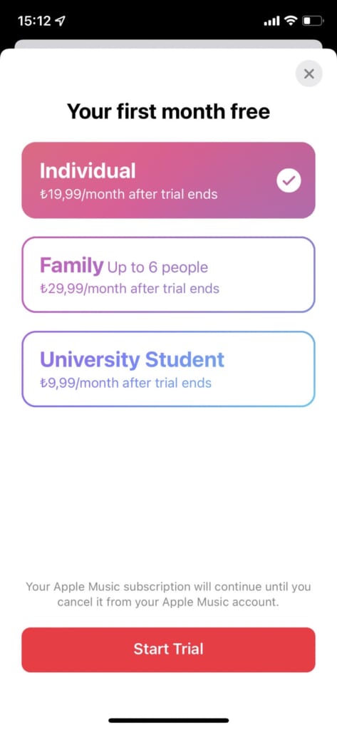 トルコ版　Apple Music トライアル登録画面