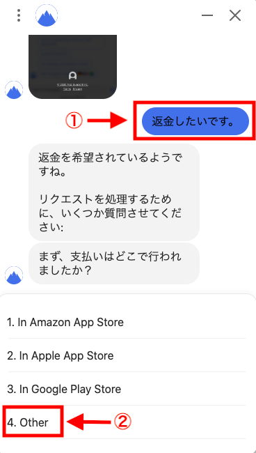 チャット画面（要件送信・支払い方法選択）