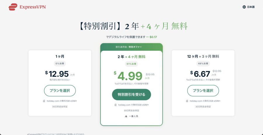 ExpressVPNの料金プラン