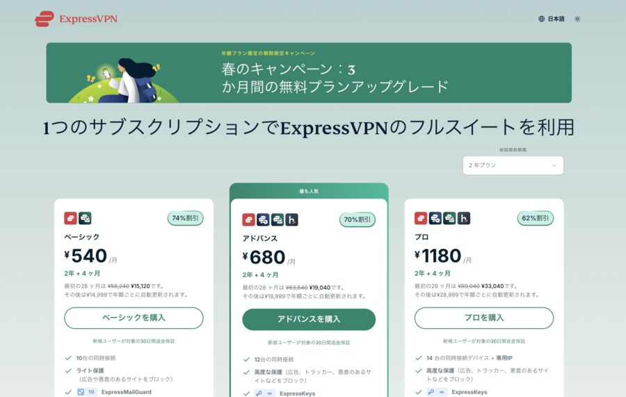 ExpressVPNの料金プラン