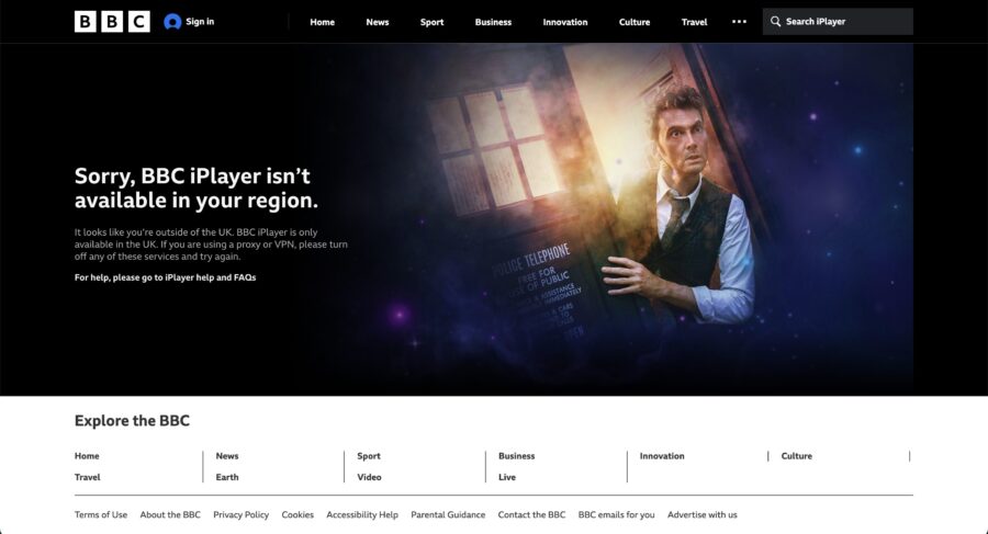 Sorry, BBC iPlayer isn't available in your region
（BBC iPlayerはあなたの地域では利用できません）