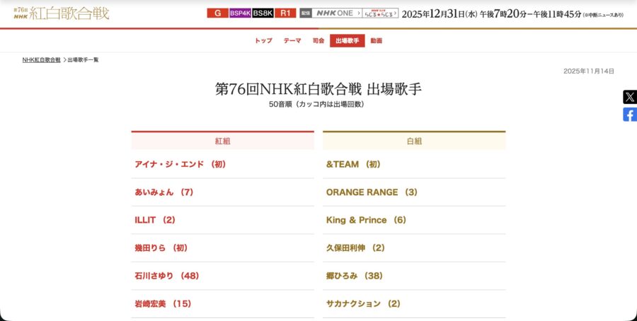 【決定】第76回NHK紅白歌合戦(2025)出場歌手一覧