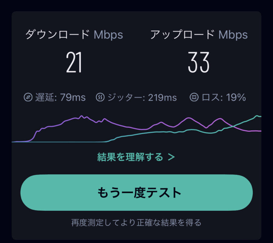 シンガポールの測定結果（2023年6月8日）
ダウンロード：21Mbps
アップロード：33Mbps