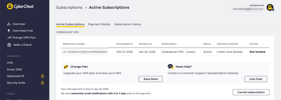 CyberGhostのアクティブ契約証明(有効期限:2028年4月26日)