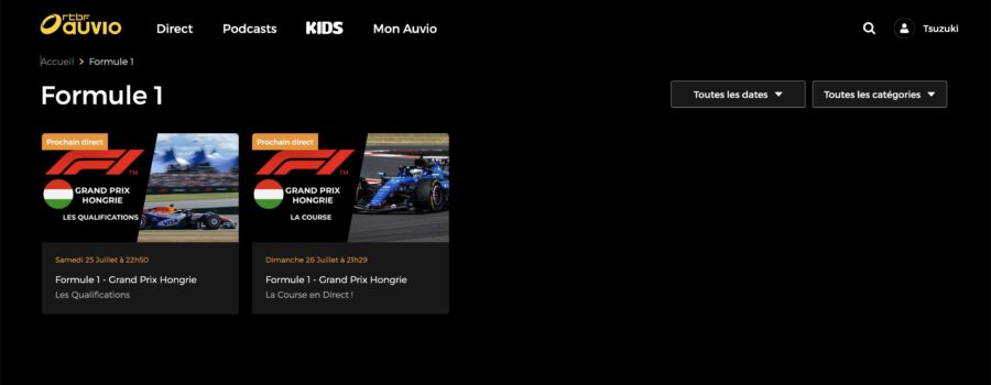 RTBF Auvioに表示されたF1ハンガリーGPの予選・決勝