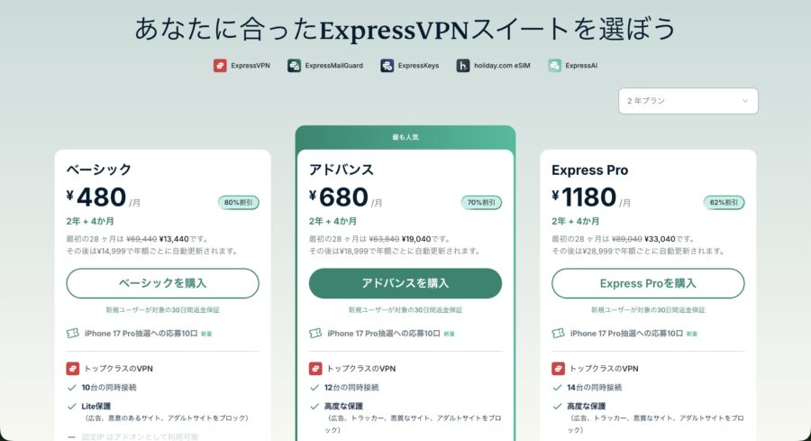 ExpressVPNの2年プラン料金