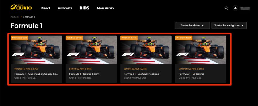 RTBF Auvioに表示されたF1オランダGPのスプリント予選・スプリント・予選・決勝