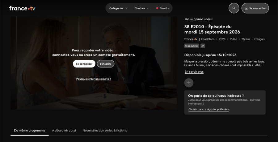 france.tvのログインまたは無料登録を求める画面