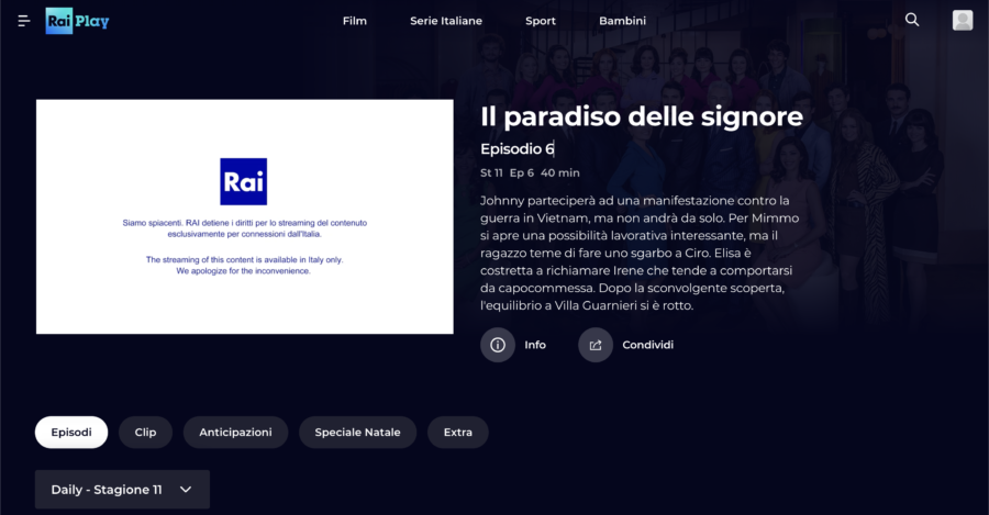 RaiPlayで表示されたイタリア国外向けの地域制限