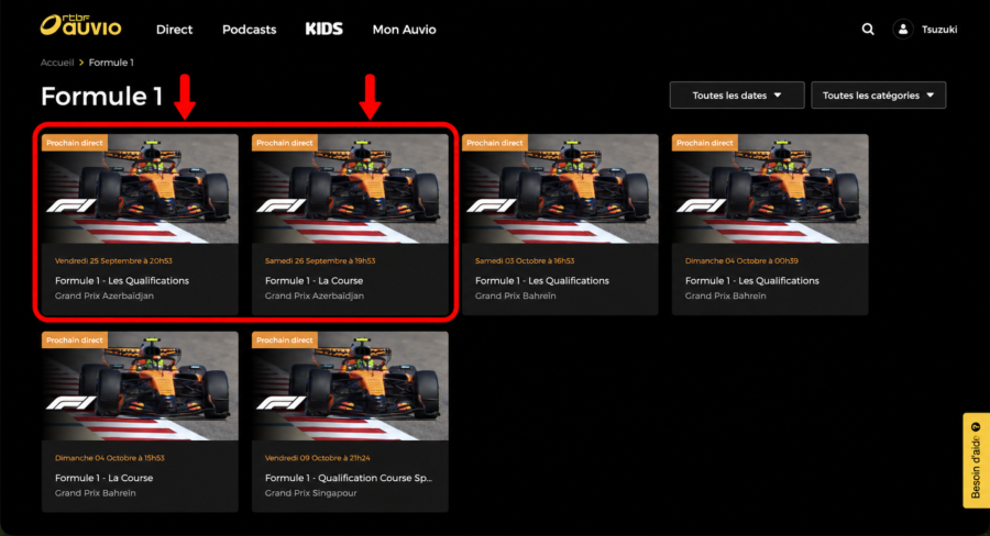 RTBF Auvioに表示されたF1アゼルバイジャンGPの予選・決勝