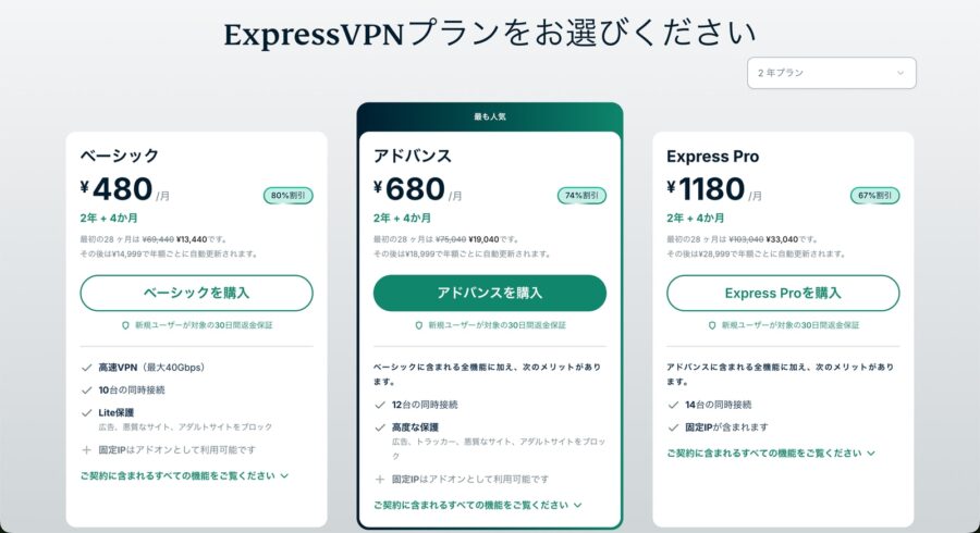 ExpressVPNの2年プラン料金