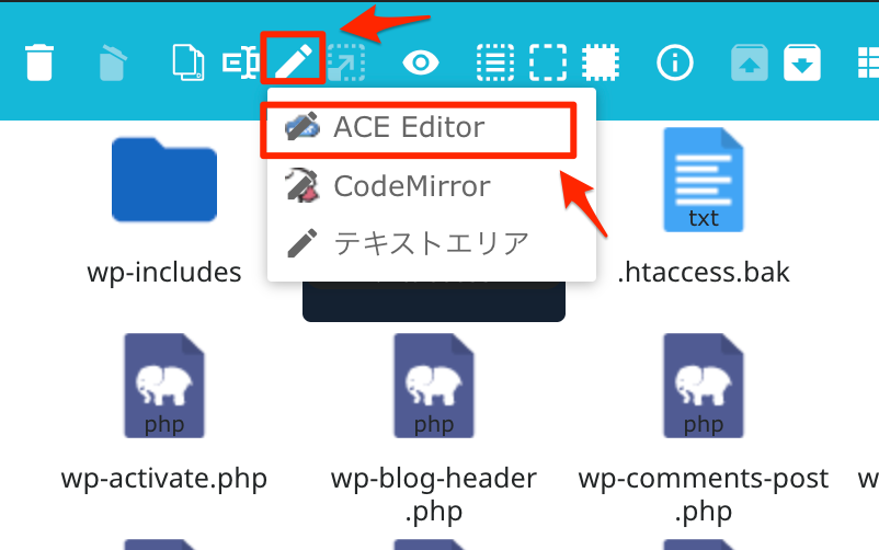 ファイルを1回クリック→上のペンのマークをクリック→ACE Editorをクリック