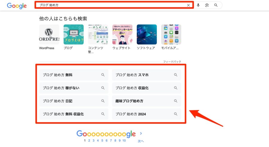 「ブログ 始め方」で検索した際の例