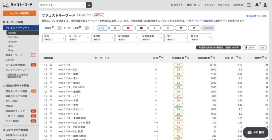 WEBライターのサジェストキーワード