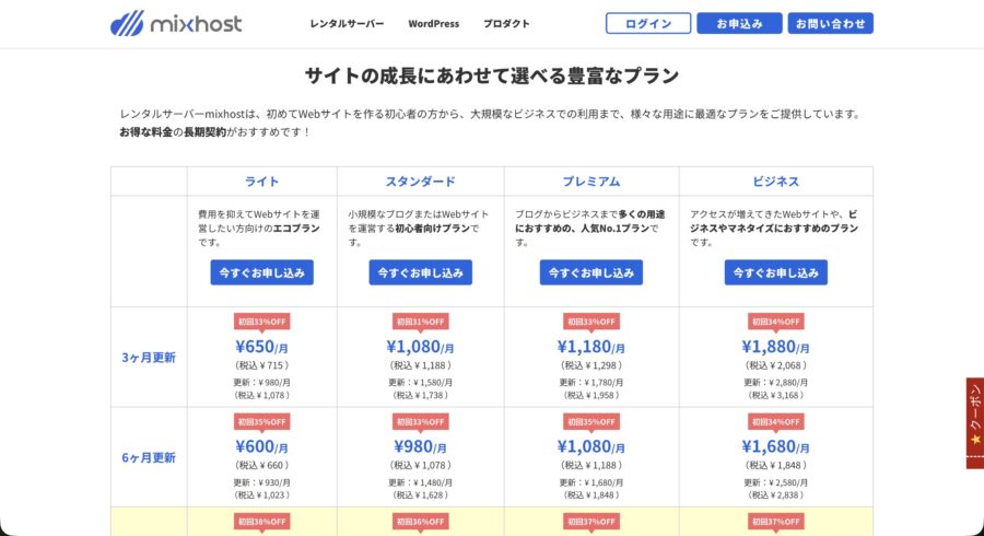mixhostの料金プラン(公式・初回価格と更新価格)