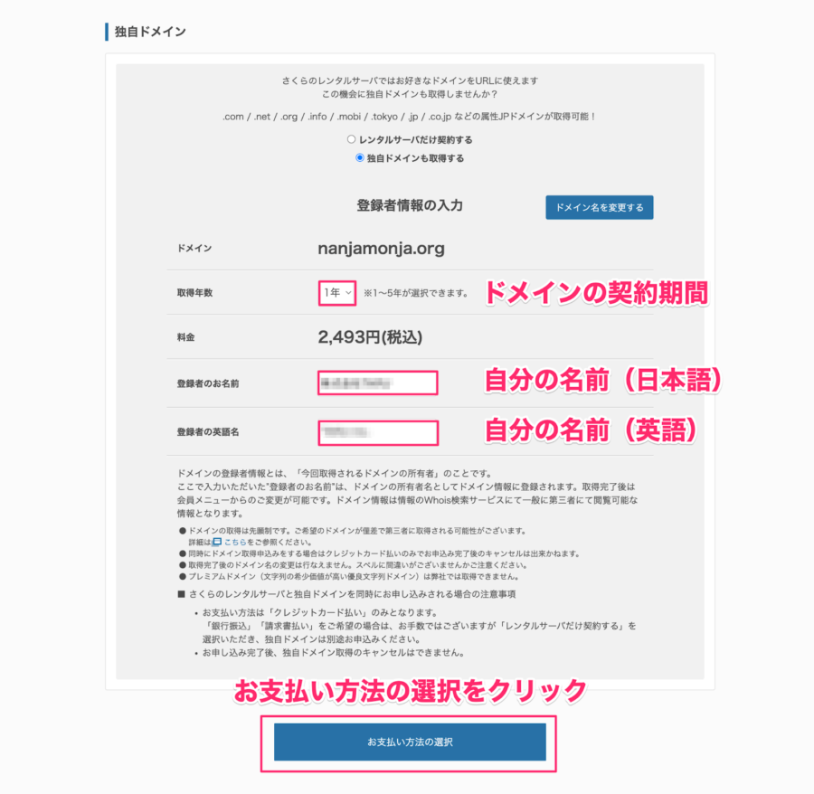 ドメインの入力画面
