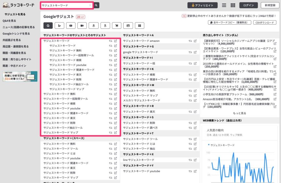 そのラッコキーワードでサジェストキーワードを洗い出す