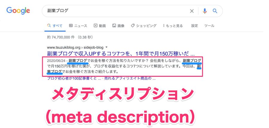 検索キーワードがメタディスクリプション内で太字表示される例
